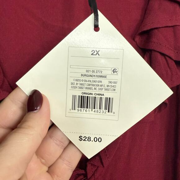 NWT Ava & Viv burgundy ruffle flare sleeve tie front v-neck blouse 2X - Picture 4 of 5